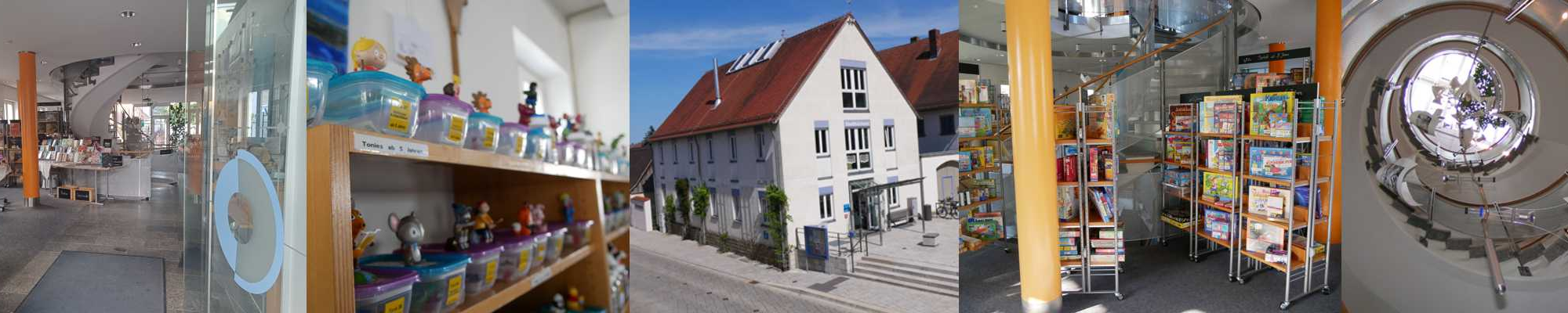 Slider der Bücherei Hallstadt als Fotowand mit Ansichten von außen und von innen