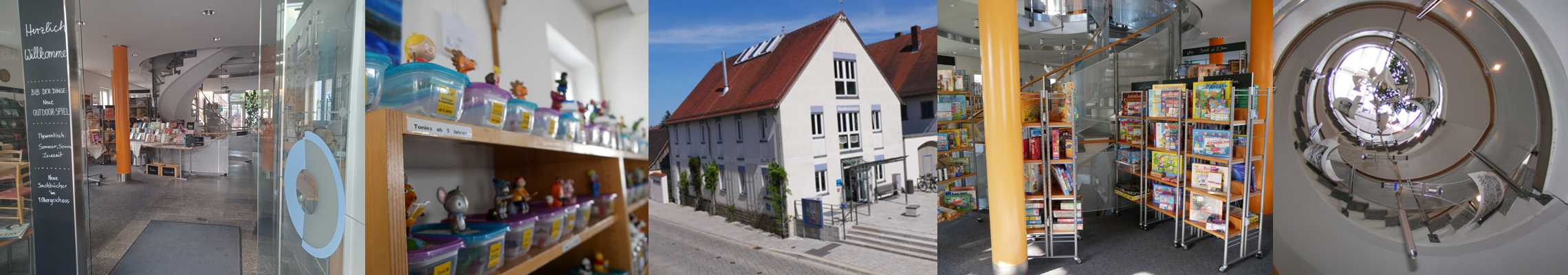 Slider der Bücherei Hallstadt als Fotowand mit Ansichten von außen und von innen