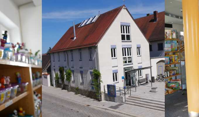 Slider der Bücherei Hallstadt als Fotowand mit Ansichten von außen und von innen