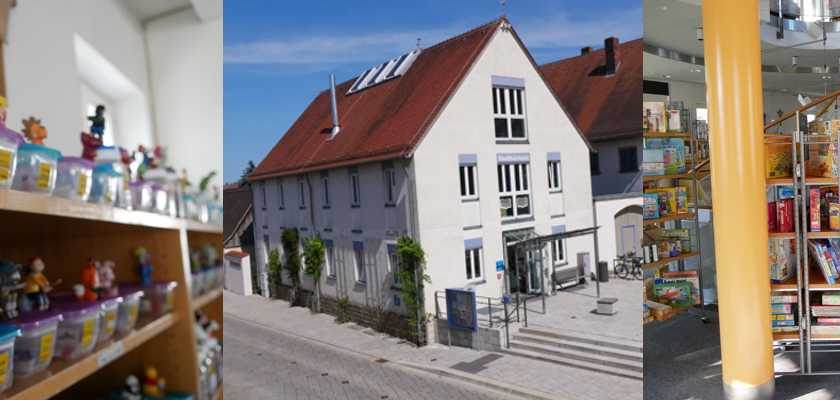 Slider der Bücherei Hallstadt als Fotowand mit Ansichten von außen und von innen