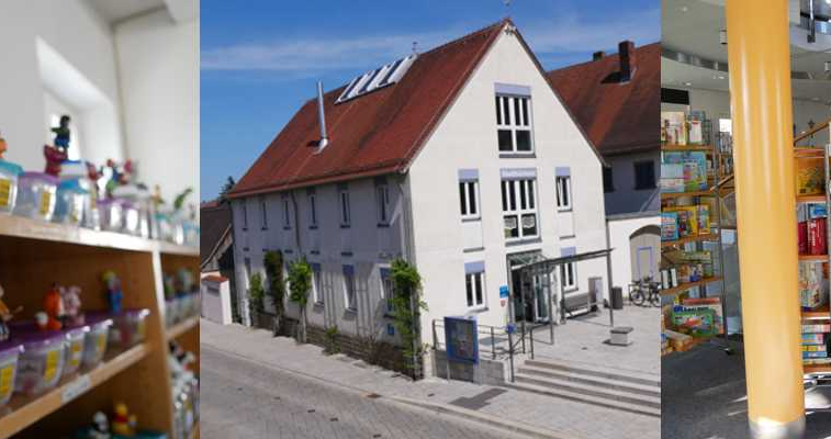 Slider der Bücherei Hallstadt als Fotowand mit Ansichten von außen und von innen