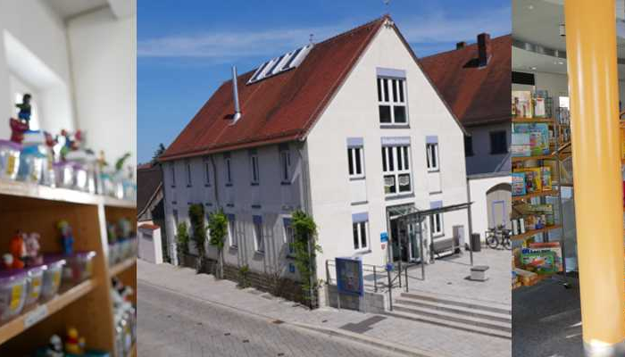 Slider der Bücherei Hallstadt als Fotowand mit Ansichten von außen und von innen